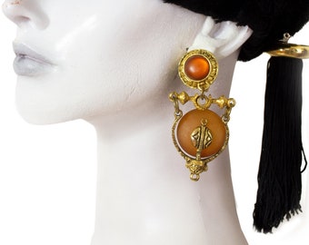 CHORANGE Paris earrings, orange-caramel lucite, gold metal / Vintage 90s / Chorange