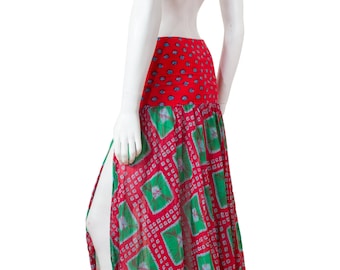 JUNGLE Kenzo skirt or bustier dress, Indian cotton tie-dye print, green and red, rare / S - M / 70-80s / Jungle Kenzo