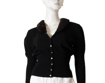 BLUMARINE cardigan, in black wool and shaded black fur collar, gigot style sleeves / 97s / 38 - M / Blumarine