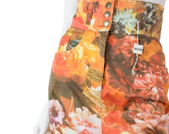 MOSCHINO high waisted skirt, large flowers in orange tones, metal buttons / 90s / XS - S /