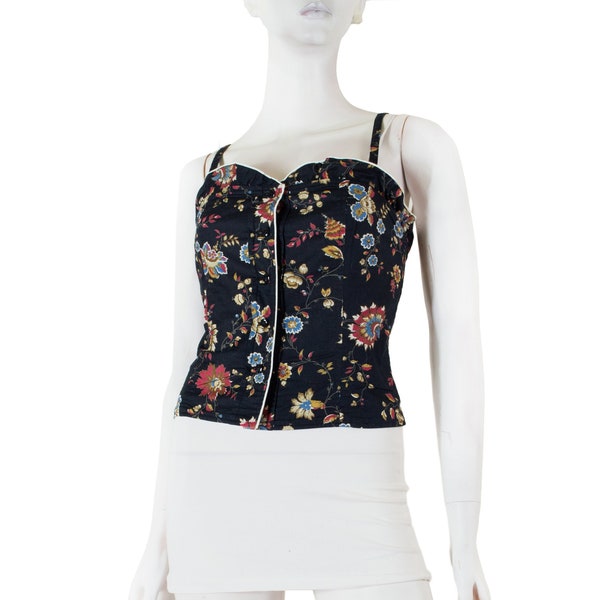 Bustier KENZO, coton noir et fleurs stylisées / 36 - S / vintage 70s / Kenzo