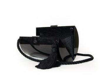 LANVIN Arpège clutch, black plexiglass, twisted strap, black silk pompom / vintage 80s / Arpège Lanvin
