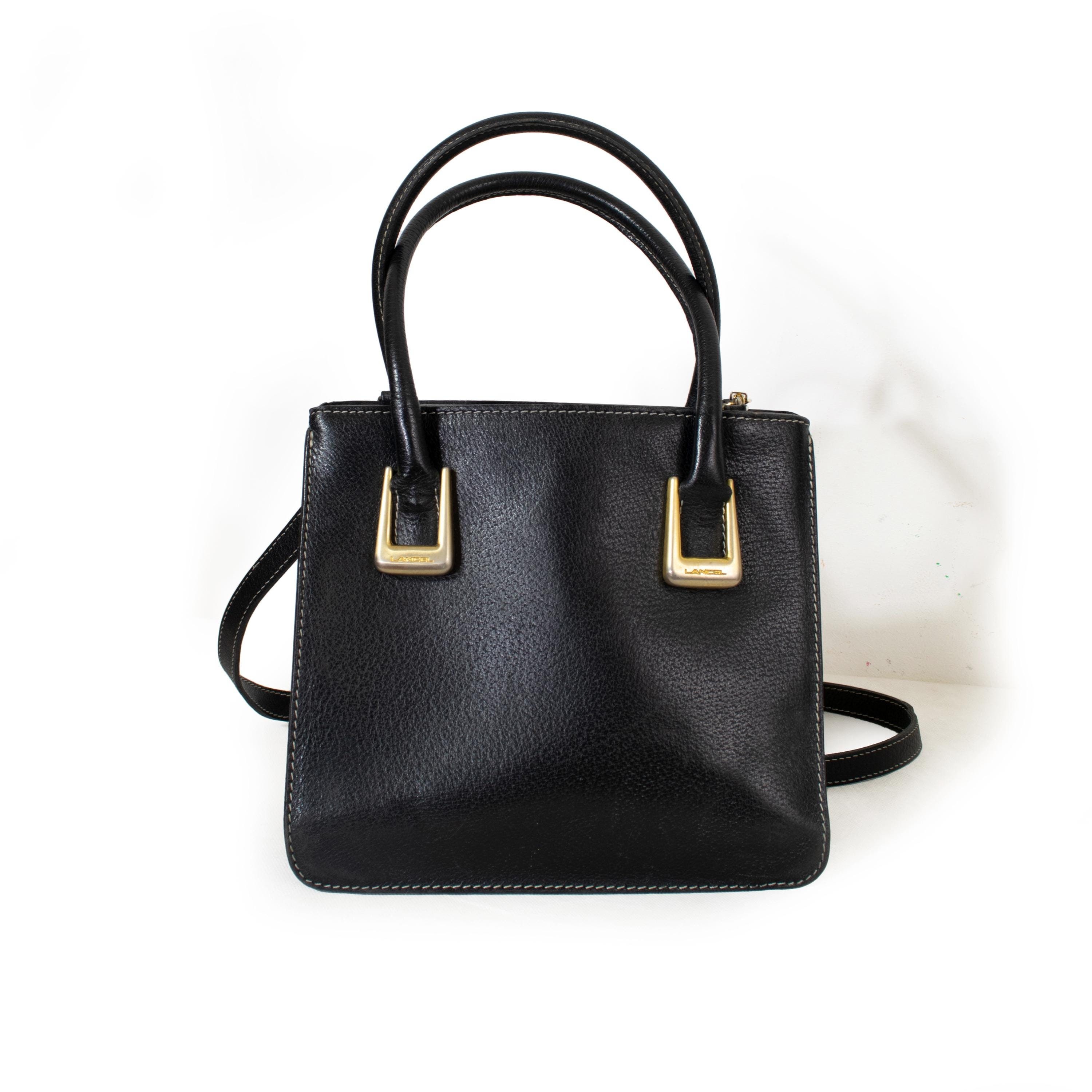 LANCEL スモール ブラック レザー バッグ、ダブルハンドル、フェイク 