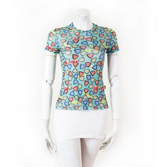 Jean Paul Gaultier, Top Jean Paul GAULTIER motif bonbons berlingot et sigle JPG fond turquoise / vintage 01 / S -M / printemps-été 2002