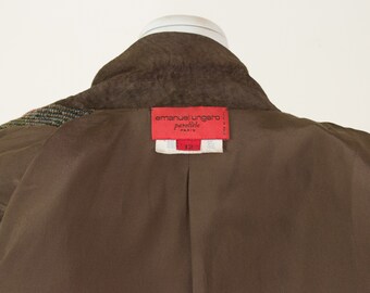 UNGARO ツイードロングジャケット ラムスエード衿/40～L/90年代