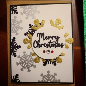 Carte de Noël flocon de neige vierge faite main en noir blanc, argent et or
