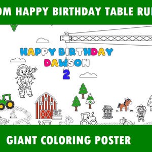 Könnte beinhalten: Ein Schwarzweiß-Malposter mit einem Baukran, einer Farm-Szene und dem Text "Happy Birthday Dawson 2".