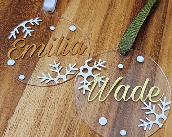 Personalized Acrylic Ornament Snowflake Design with Choice of Ribbon, Name - perfect gift for Christmas or gift tag