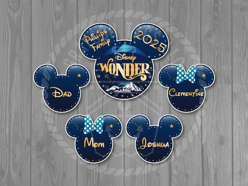May include: A collection of navy blue Mickey Mouse-shaped stickers with white borders. The stickers feature names, the text "Disney Wonder", and the year 2025. Some stickers have a blue and white polka dot bow.