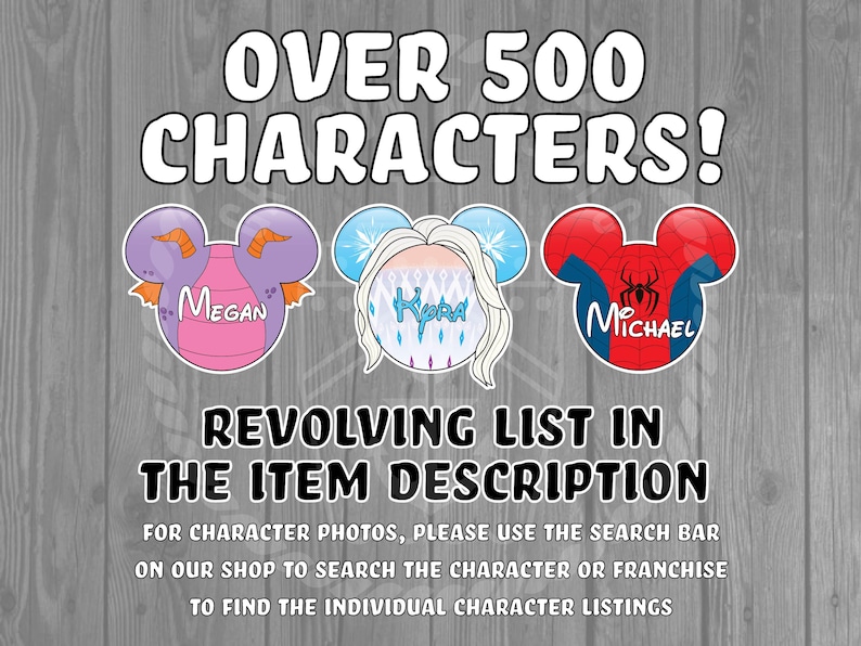 Puede incluir: Un letrero de madera con el texto "OVER 500 CHARACTERS!" y tres cabezas de personajes de dibujos animados con los nombres "Megan", "Kora" y "Michael". El letrero tambi&eacute;n dice "REVOLVING LIST IN THE ITEM DESCRIPTION" y "FOR CHARACTER PHOTOS, PLEASE USE THE SEARCH BAR ON OUR SHOP TO SEARCH THE CHARACTER OR FRANCHISE TO FIND THE INDIVIDUAL CHARACTER LISTINGS".