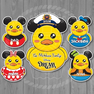 May include: Four yellow rubber ducky themed Disney decorations with Mickey Mouse ears. The ducks are decorated with red, blue, and black clothing and have the names "Dad", "Mom", "Jackson", and "Iyan" on them. The largest duck has the text "The McHugh Family Disney Dream" on it.