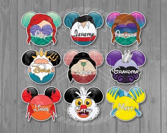 May include: A collection of colorful stickers featuring Disney-inspired character designs. Each sticker is shaped like Mickey Mouse ears and includes character-themed elements and names such as "Ariel", "Jeremy", and "Amanda". The stickers are on a gray wooden surface.