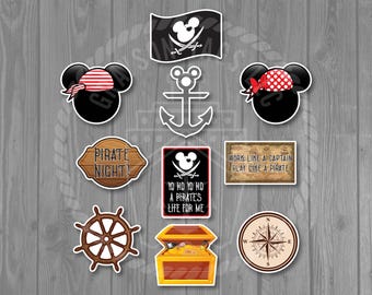 May include: A set of ten printable party decorations featuring Mickey Mouse dressed as a pirate. The decorations include a pirate flag, an anchor, a compass, a ship's wheel, a treasure chest, and several signs with pirate-themed text. The decorations are perfect for a pirate-themed party.