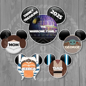 May include: Five Disney Mickey Mouse themed stickers with Star Wars characters. The stickers feature the text "Disney Treasure", "The Marrone Family", "Mom", "George", "Jessica", "Dad", and "2025".