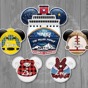 May include: A collection of Disney-themed family cruise stickers. The central sticker features a cruise ship with "Disney Wonder" and "Alaska Cruise" text. Other stickers include "Dad", "Mom", "Zale", and "Zoey" designs.