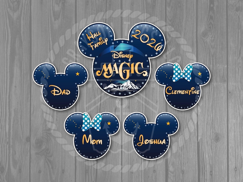 May include: Navy blue Mickey Mouse-shaped family vacation stickers. The central sticker reads "Disney MAGIC" with a mountain scene. Other stickers say "Dad", "Mom", "Joshua", and "Clementine". The top sticker says "Hall Family 2026".