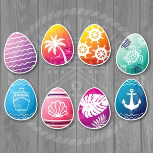 May include: A collection of eight decorative Easter egg stickers with various designs. The designs include waves, a palm tree, ship wheels, turtles, a cruise ship, a seashell, tropical leaves, and an anchor. The eggs have a white border.