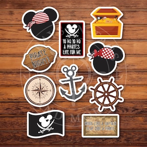 May include: A collection of pirate-themed stickers featuring a treasure chest, compass, anchor, ship's wheel, and a pirate flag. The stickers include text like "Pirate Night" and "Work like a captain, play like a pirate."
