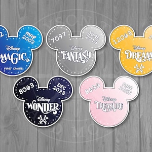 May include: Five different Disney cruise ship Mickey Mouse head stickers with the ship name and year. The ships are Magic, Fantasy, Dream, Wonder, and Treasure.
