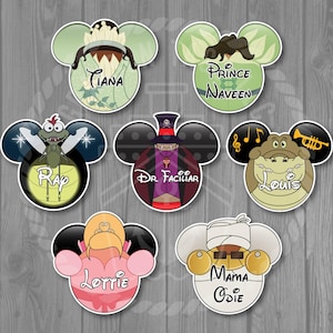 May include: Set of ten Disney Princess and the Frog themed Mickey Mouse ears. Each ear features a different character from the movie, including Tiana, Prince Naveen, Ray, Dr. Facilier, Louis, Lottie, and Mama Odie.