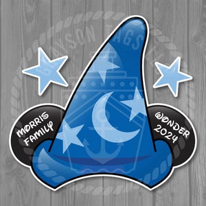 May include: Blue and white Mickey Mouse ears with a blue and white Sorcerer Mickey hat. The ears have the text "Morris Family" and "Wonder 2024" on them.