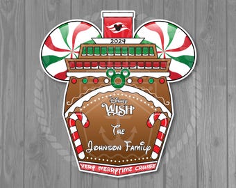 May include: A gingerbread-themed Disney Wish cruise ornament with red and green candy canes, a red and green peppermint swirl, and the text "Disney Wish, The Johnson Family, Very Merrytime Cruise, 2024".