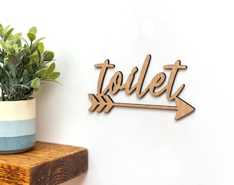 Modern Wooden Toilet Sign with Arrow - Cafe & Restaurant Bathroom Decor - Office, Airbnb, hotel, coffee shop, salon, beauticians signage