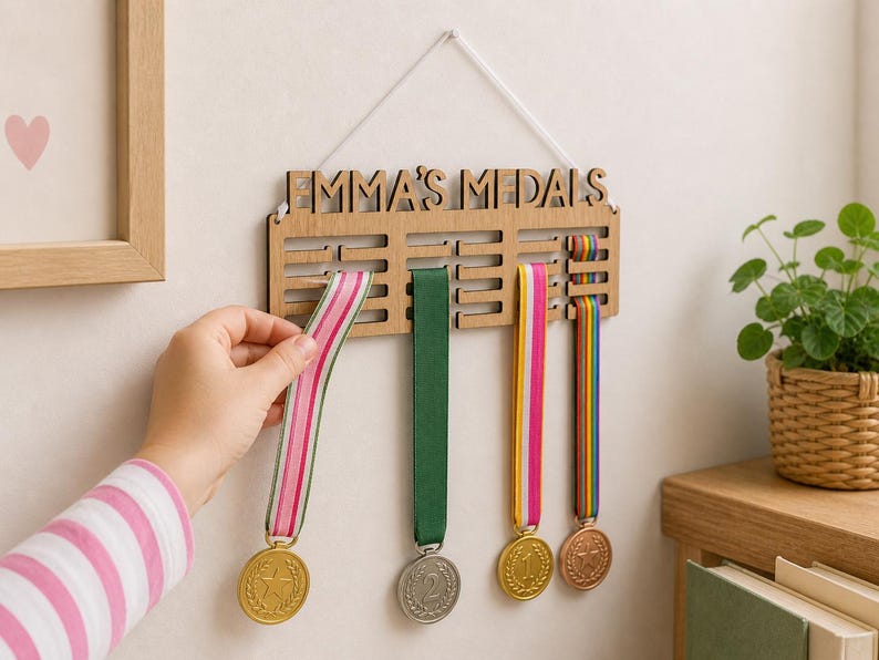 Pu&ograve; includere: Espositore di medaglie in legno con la scritta "EMMA'S MEDALS". L'espositore contiene diverse medaglie con nastri colorati. Una mano sta posizionando una medaglia con un nastro a righe rosa e bianco. Un'immagine incorniciata con un cuore rosa &egrave; sullo sfondo.