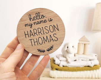 Hello my name is wooden baby birth announcement sign flatlay photo prop plaque new born gift personalised with name photography wood world