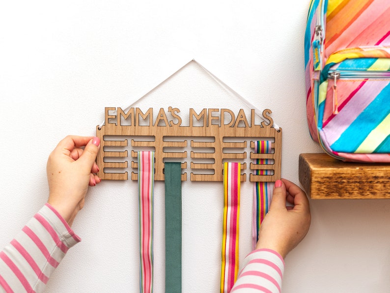 Personalised medal holder running, swimming, gymnastics medal hanger custom gift for runner, swimmer, gymnast wall hung medal display image 2