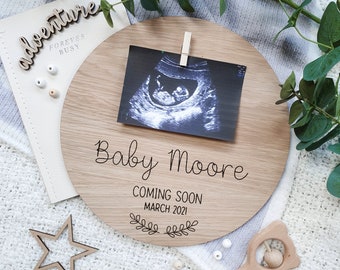 Pregnancy Announcement Plaque Personalised Baby COMING SOON Babyscan wooden plate sign baby scan frame with name gift for grandparents to be