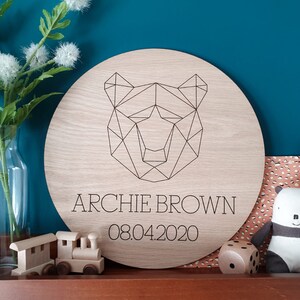 Wooden Name Sign Personalised Wall Plaque Nursery Decor Custom Made with date geometric bear baby signs eco friendly gifts for boys kids uk