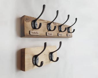 Personalised Coat Hooks | Rustic Wooden Wall Mounted Family Name Hook | Entryway Hallway Storage | Bathroom Towel Hangers | Dog Lead Storage