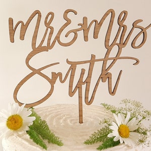 Mr & Mrs Wedding Cake Topper - Personalised Wooden Cake Sign - Custom Made With Name - Engagement Cake Decor - Lasercut - rustic - boho - uk