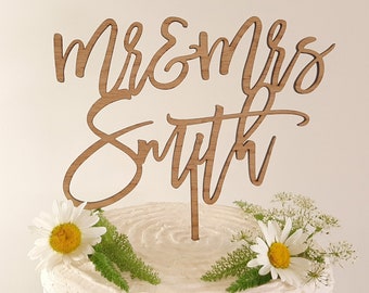 Mr & Mrs Wedding Cake Topper - Personalised Wooden Cake Sign - Custom Made With Name - Engagement Cake Decor - Lasercut - rustic - boho - uk