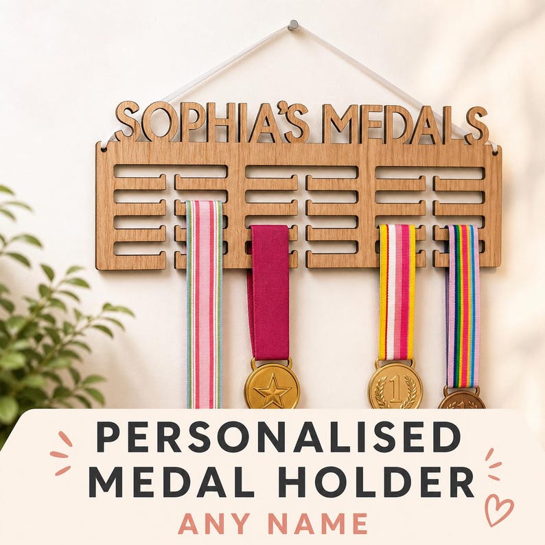 Pu&ograve; includere: Portamedaglie in legno con la scritta "SOPHIA'S MEDALS" e le parole "PERSONALISED MEDAL HOLDER ANY NAME". Il portamedaglie espone diverse medaglie con nastri colorati. Il portamedaglie &egrave; appeso a una parete bianca.