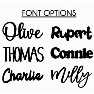 Puede incluir: Un gr&aacute;fico que muestra seis estilos de fuente diferentes para nombres. Los nombres son Olive, Rupert, Thomas, Connie, Charlie y Milly.