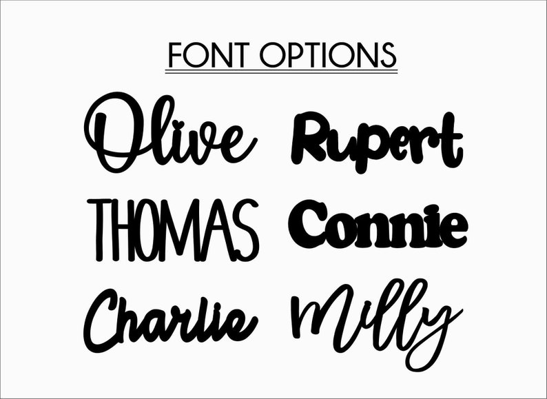 Puede incluir: Un gr&aacute;fico que muestra seis estilos de fuente diferentes para nombres. Los nombres son Olive, Rupert, Thomas, Connie, Charlie y Milly.