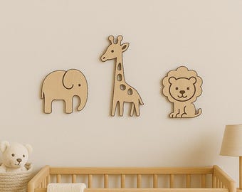 Safari Nursery Decor: Wooden Elephant, Giraffe & Lion Wall Art