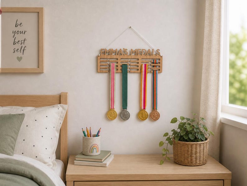 Pu&ograve; includere: Un espositore di medaglie in legno con il nome "EMMA'S MEDALS" inciso. Espone quattro medaglie con nastri colorati. Una stampa incorniciata con la scritta "be your best self" &egrave; appesa al muro. Una piccola pianta in vaso &egrave; su un comodino di legno.