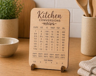 Kitchen conversion chart | wooden gift for bakers, cooking measurement guide, cups to grams ml tbsp tsp, engraved wood baking sign