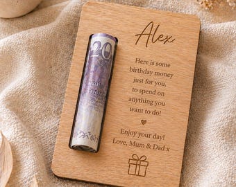 Personalised money holder | Engraved wooden cash gift card, keepsake with gift message for any occasion - Birthday, Wedding, Christening