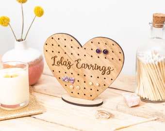 Personalised Earring Holder Heart Shaped Jewellery Stand Stud Organiser Display Storage Wooden Gift For Her Mum Daughter Girlfriend Wife