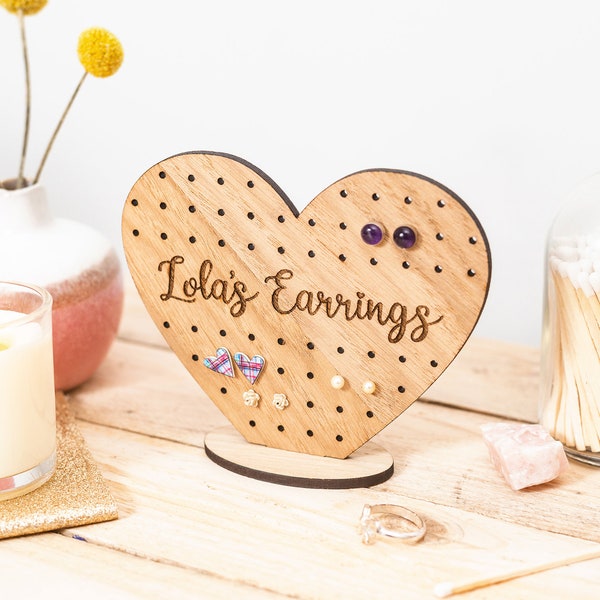 Personalised Earring Holder Heart Shaped Jewellery Stand Stud Organiser Display Storage Wooden Gift For Her Mum Daughter Girlfriend Wife