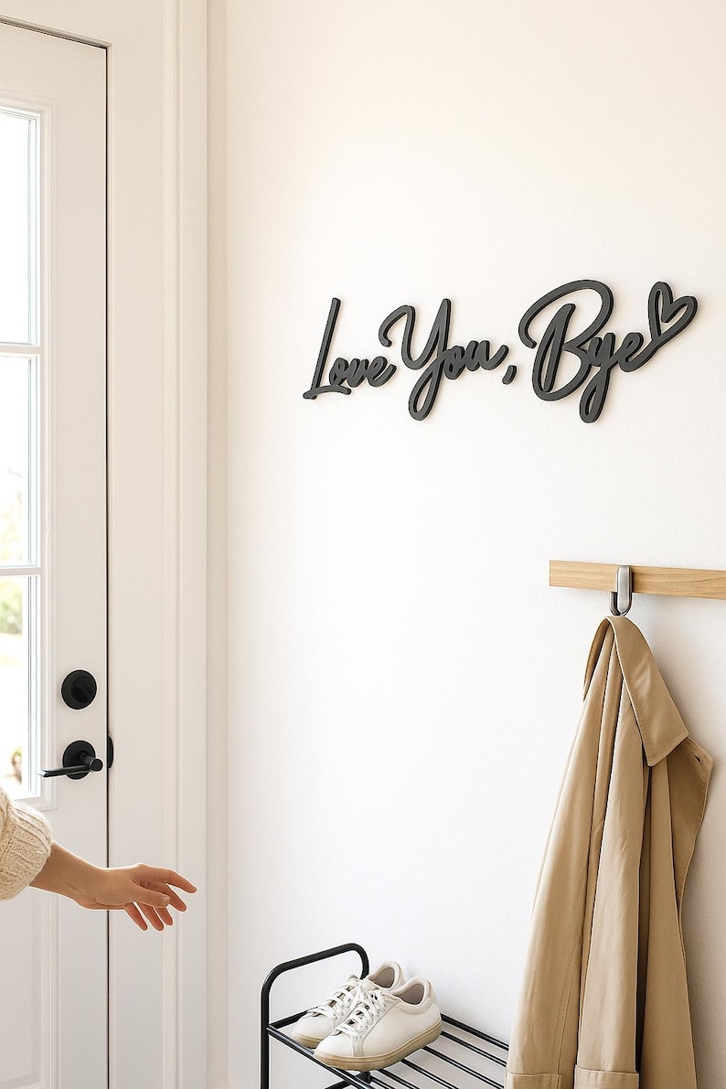 BLACK Wooden 'Love You, Bye' Sign - Above Door Hallway Sign - Natural Wood Entryway Lettering Bild 2