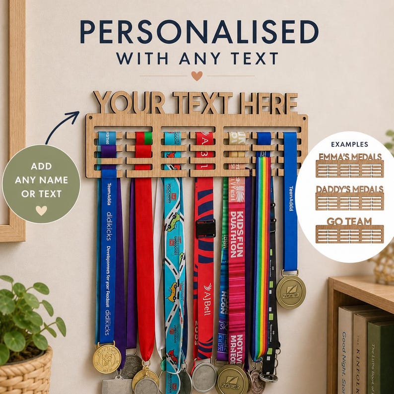 Pu&ograve; includere: Un espositore di medaglie in legno con la scritta "YOUR TEXT HERE" e le parole "PERSONALIZZATO CON QUALSIASI TESTO". L'espositore ha fessure per nastri e medaglie, con esempi come "EMMA'S MEDALS" e "GO TEAM".