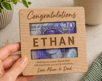 Personalised money holder wooden wallet | engraved cash gift holder | custom name birthday keepsake, unique money gift idea for milestone