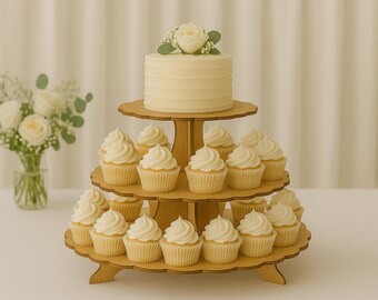 Wooden Wedding Cupcake Stand – 2 Tier or 3 Tier Rustic Cake Display Tower for Birthday Party, Dessert Table or an Afternoon Tea Centrepiece