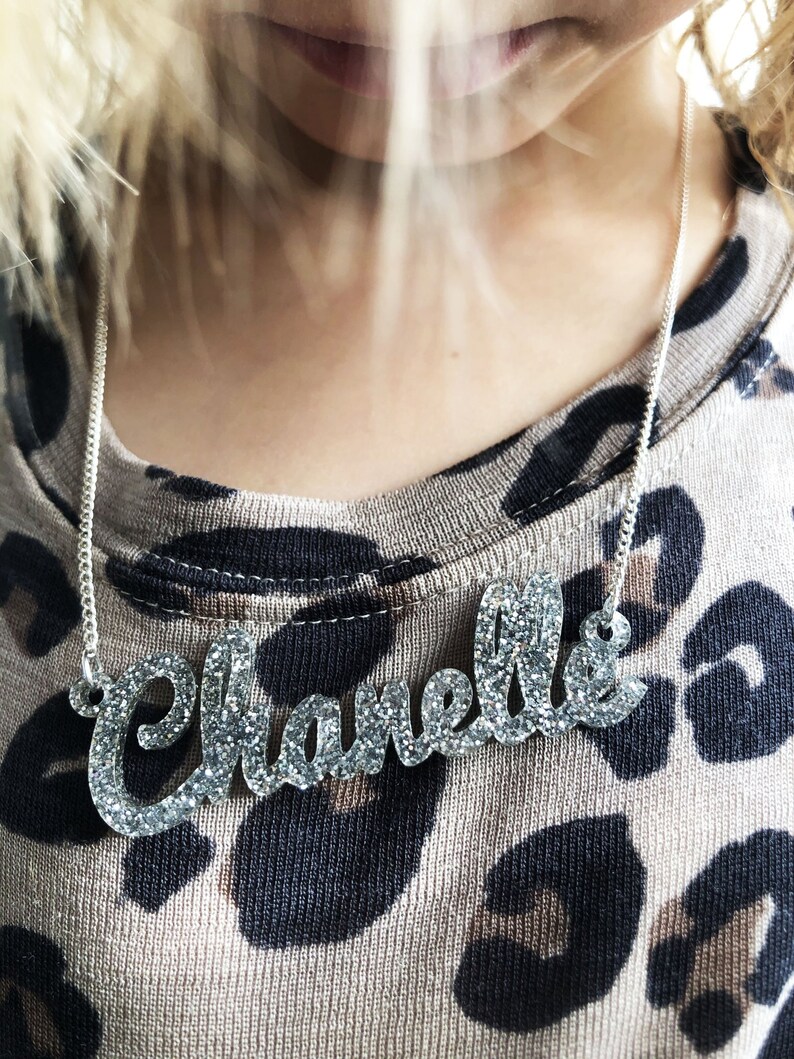 Personalised Name Necklace Custom Made Jewellery Laser Cut Acrylic Gift Kitsch Nameplate Monogram Birthday Girls Glittery Stocking Filler image 10