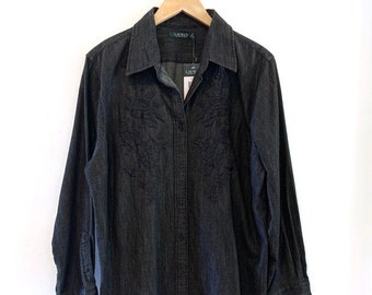 NWT Black denim button down shirt with embroidery by Ralph Lauren